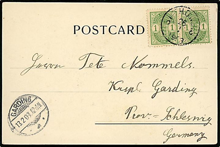 1 cent Våben i parstykke på brevkort (Udsigt fra St. Thomas) stemplet St. Thomas d. 26.1.1903 til Garding, Schleswig, Tyskland.