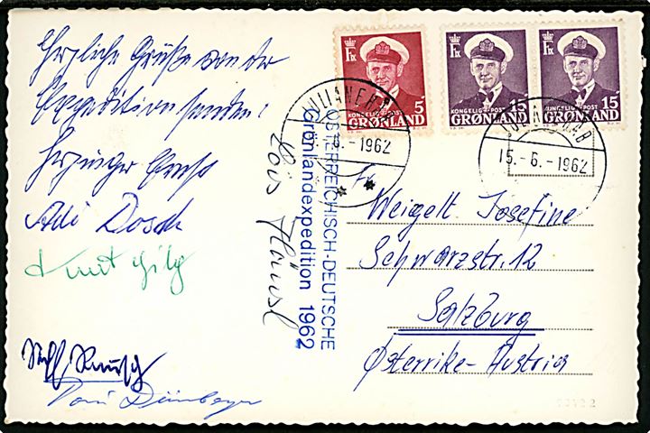 5 øre og 15 øre (par) Fr. IX på ekspeditions brevkort fra Julianehåb d. 15.6.1962 til Salzburg, Østrig. Violet stempel: Österreichisch-Deutsche Grönlandexpedition 1962 og underskrifter fra ekspeditionsdeltagere.
