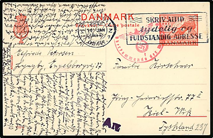 25 øre Kæmpehøj helsagsbrevkort (fabr. 139a) fra København d. 14.1.1942 til Kiel, Tyskland. Tysk censur fra Hamburg.
