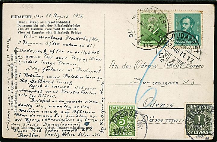 Ungarsk 6 f. og 10 f. på underfrankeret brevkort fra Budapest d. 11.8.1936 til Odense, Danmark. Udtakseret i porto med 1 øre og 5 øre Portomærke stemplet Odense d. 13.8.1936.