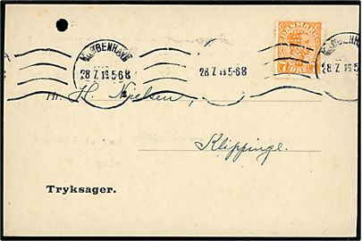 7 øre Chr. X med perfin N.B.C. på tryksagskort fra A/S Nordisk Benzin-Compagni i Kjøbenhavn d. 28.7.1919 til Klippinge. Arkivhul. 