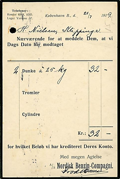 7 øre Chr. X med perfin N.B.C. på tryksagskort fra A/S Nordisk Benzin-Compagni i Kjøbenhavn d. 28.7.1919 til Klippinge. Arkivhul. 