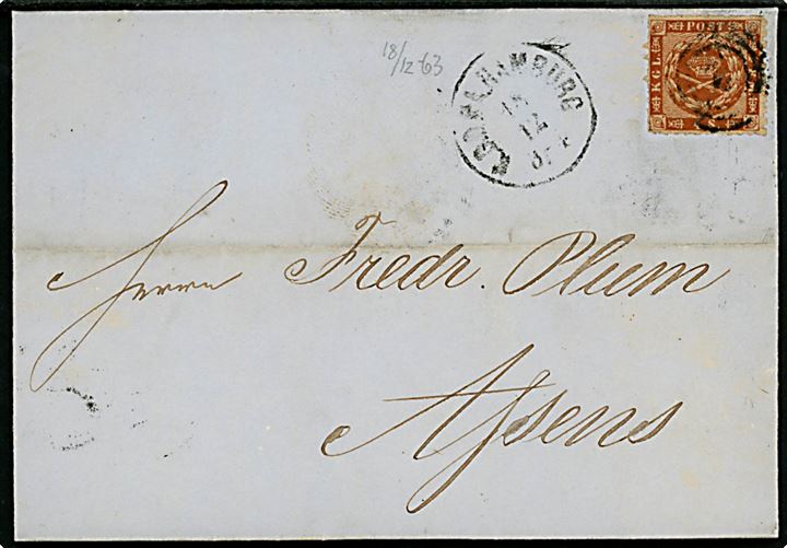 4 sk. Stukken kant på brev annulleret med svagt nr.stempel 2 og sidestemplet lapidar K.D.O.P.A. Hamburg d. 18.12.1863 via Holst. EB.P.Sp.B. til Assens.