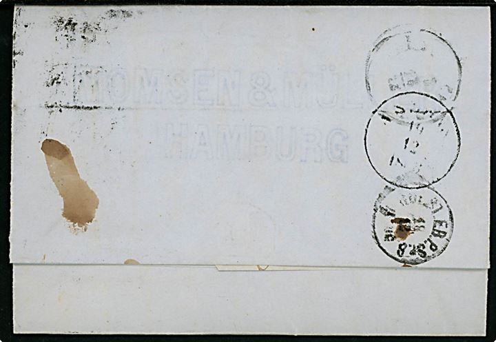 4 sk. Stukken kant på brev annulleret med svagt nr.stempel 2 og sidestemplet lapidar K.D.O.P.A. Hamburg d. 18.12.1863 via Holst. EB.P.Sp.B. til Assens.