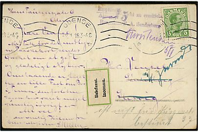5 øre Chr. X på underfrankeret brevkort fra Odense d. 2.1.1918 til Sønderborg, Slesvig. Retur som ubekendt med violet 2-liniestemepel fra Sonderburg og 2-sproget returetiket Unbekannt. / inconnu..