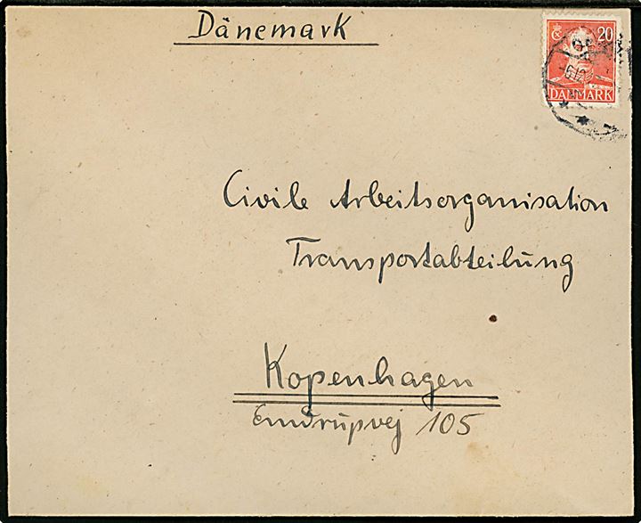 20 øre Chr. X på brev med afs.-stempel Ermittlungsdienst Oksbøl - Dänemark stemplet Oksbøl d. 6.12.1947 til Civile Arbeitsorganisation Transportabteilung i København.
