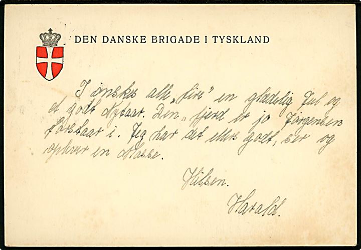 15 øre DSB Jubilæum og Julemærke 1947 på brevkort stemplet Den danske Brigade / 4 / * i Tyskland * d. 18.12.1947 til Uglev St. Sendt fra soldat i 13 Batl. 5. Komp. i forlægningen i Varel.