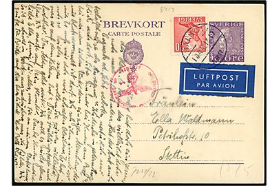 10 öre helsagsbrevkort opfrankeret med 20 öre Gustaf sendt som luftpost fra Malmö d. 18.4.1942 til Stettin, Tyskland. Tysk censur fra Berlin.