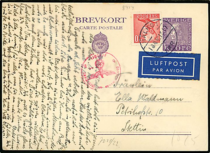 10 öre helsagsbrevkort opfrankeret med 20 öre Gustaf sendt som luftpost fra Malmö d. 18.4.1942 til Stettin, Tyskland. Tysk censur fra Berlin.