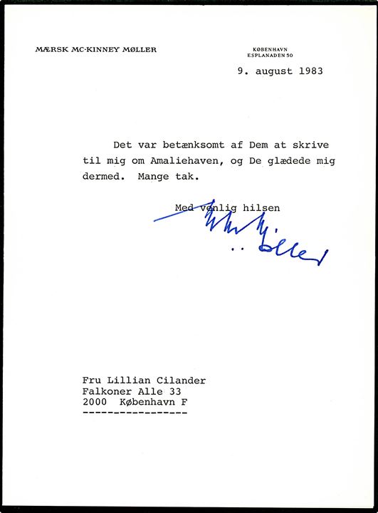 2,50 kr. firmafranko på fortrykt kuvert fra Mærsk Mc-Kinney Møller i København d. 9.8.1983 til Lillian Cilander, København. Indeholder kort takkeskrivelse underskrevet af Mærsk Mc-Kinney Møller. 