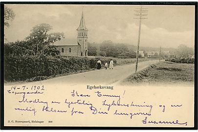 Egebæksvang pr. Espegærde, gadeparti med kirke. J. C. Borregaard no. 268. Frankeret med 4 øre Tofarvet 1902.