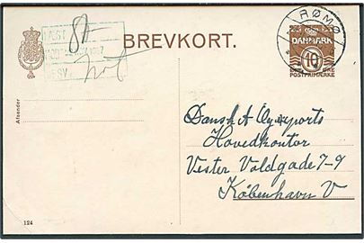 10 øre helsagsbrevkort (fabr. 124) annulleret med brotype IIc Rømø d. 21.11.1937 til København.
