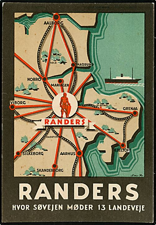 Randers. Propaganda Reklamekort med kort over Randers by og Havn. 