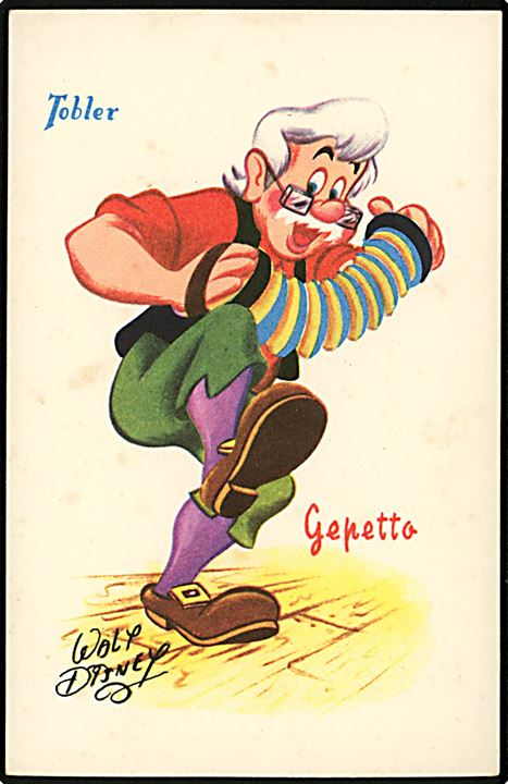 Walt Disney. Gepetto fra Pinocchio. Fransk reklame for “Tobler” chokolade. Georges Lang, Paris u/no.