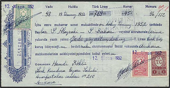 Tyrkisk veksel fra 1952.