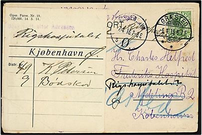 5 øre Chr. X på brevkort (Afholdskroen i Raageleje) stemplet Græsted d. 6.4.1916 til patient på Frederiks Hospital i København - ubekendt og forespurgt på Rigshospitalet med etiket: Opm. Form. Nr. 19 (120.000 14.5.14) og efterfølgende returneret til Græsted.
