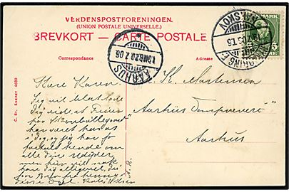 5 øre Chr. IX på brevkort annulleret med bureaustempel Nykjøbing F. - Nakskov T.6 d. 19.7.1906 til Aarhus.