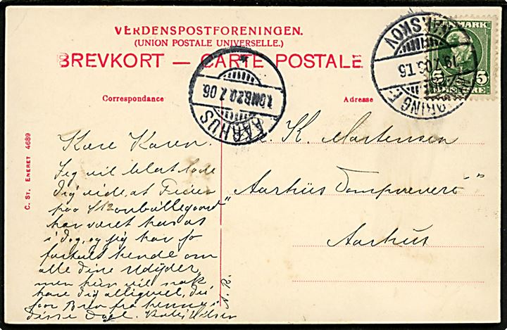 5 øre Chr. IX på brevkort annulleret med bureaustempel Nykjøbing F. - Nakskov T.6 d. 19.7.1906 til Aarhus.