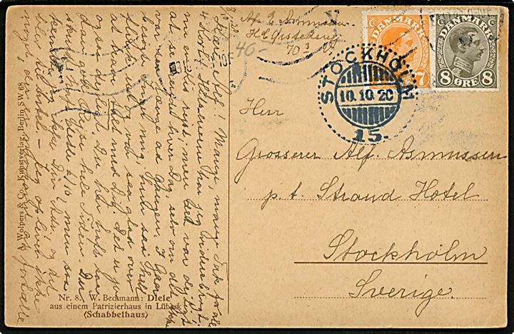 7 øre og 8 øre Chr. X på brevkort fra Kjøbenhavn d. 9.10.1920 til Stockholm, Sverige.