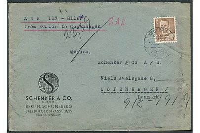 20 øre Fr. IX på lokalporto frankeret brev fra Berlin annulleret København Lufthavn d. 5.10.1952 til København. Påskrevet: AWB 117-81167 from Berlin to Copenhagen og SAS. 