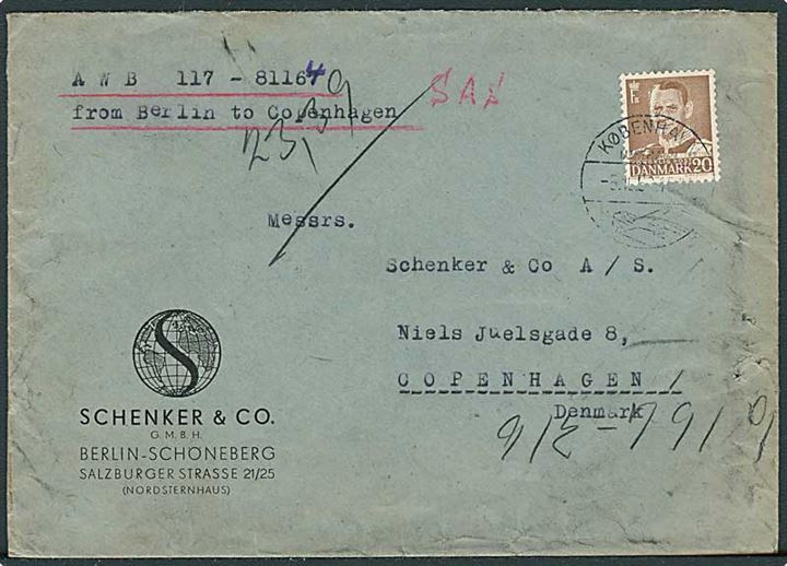 20 øre Fr. IX på lokalporto frankeret brev fra Berlin annulleret København Lufthavn d. 5.10.1952 til København. Påskrevet: AWB 117-81167 from Berlin to Copenhagen og SAS. 