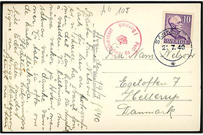 10 öre Gustaf på brevkort (Hven, Kyrkbacken med havn) annulleret Sankt Ibb d. 21.7.1940 til Hellerup, Danmark. Passér stemplet ved censuren i København.