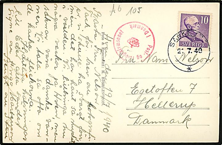 10 öre Gustaf på brevkort (Hven, Kyrkbacken med havn) annulleret Sankt Ibb d. 21.7.1940 til Hellerup, Danmark. Passér stemplet ved censuren i København.