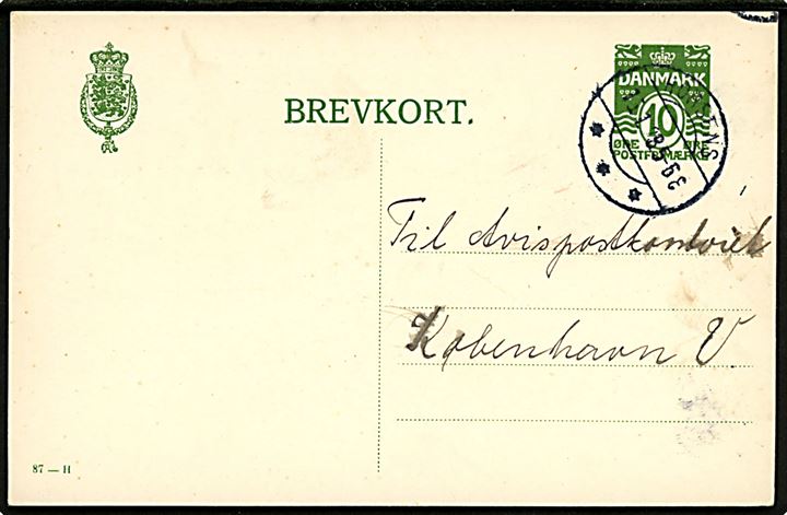 10 øre helsagsbrevkort (fabr. 87-H) fra Hjarnø pr. Horsens d. 15.1.1928 til Avispostkontoret, København. Hjarnø i mundingen af Horsens Fjord havde i 1925 i alt 186 indbyggere. 