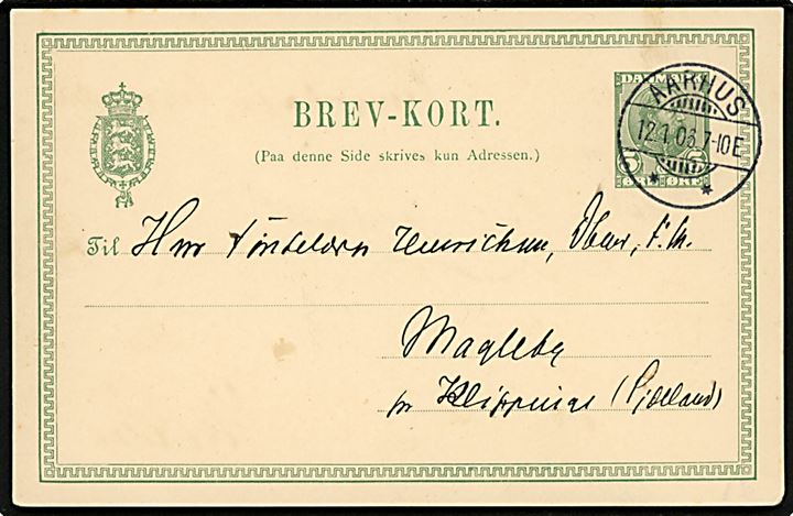 5 øre Chr. IX helsagsbrevkort fra Aarhus d. 12.1.1906 til Førstelærer Henrichsen, Dannebrogsmand og Fortjenstmedalje i Magleby pr. Klippinge. 