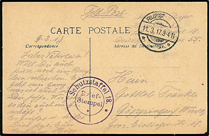 Ufrankeret feltpostkort fra militær flyver ved Deutsche Feldpost no. 55 stemplet Feldpost d. 11.3.1917 til Göppingen. Briefstempel: Schutzstaffel 18 