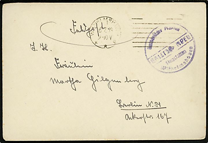Ufrankeret feltpostbrev stemplet Wilhelmshaven d. 6.7.1918 til Berlin. Svagt briefstempel: Kaiserlische Marine / Flugstation Wilhelmshaven.