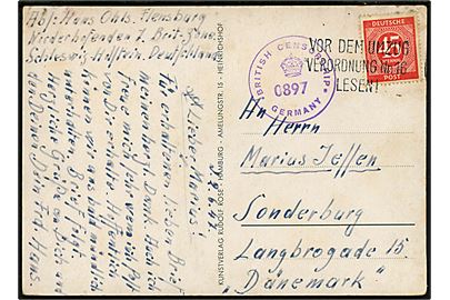 45 pfg. Ciffer på brevkort fra Flensburg d. 2.6.1947 til Sønderborg, Danmark. Britisk efterkrigscensur no. 0897. Brevkortet sendt indenfor grænsepost område, men der fandtes ingen grænsepost aftale mellem Danmark og Tyskland i årene 1942-55.