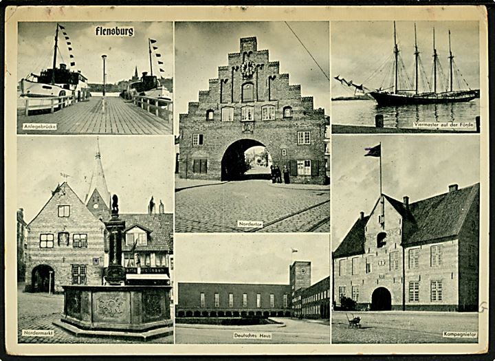 45 pfg. Ciffer på brevkort fra Flensburg d. 2.6.1947 til Sønderborg, Danmark. Britisk efterkrigscensur no. 0897. Brevkortet sendt indenfor grænsepost område, men der fandtes ingen grænsepost aftale mellem Danmark og Tyskland i årene 1942-55.