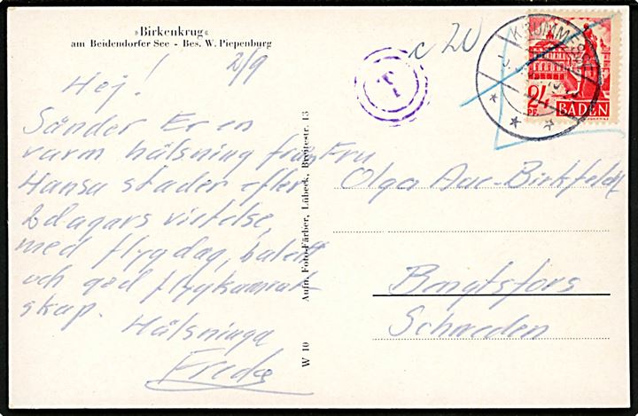 Baden 24 pfg. udg. markeret ugyldig på brevkort annulleret Krummesse (ved Lübeck) d. 3.9.19?? til Bengtsfors, Sverige. Udtakseret i porto med interessant violet aftryk af efteranvendelse dansk landpost stempel T (= Travemünde) fra 1850'erne. 