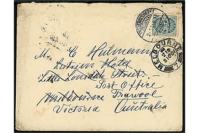 20 øre Våben på brev fra Frederiksværk d. 2.9.1901 til Melbourne, Victoria, Australien - eftersendt fra Melbourne d. 8.10.1901 til Trawool. Urent åbnet og lidt nusset.