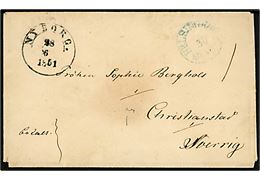 1851. Francobrev påskrevet Betalt med 1½-ringsstempel Nyborg. d. 28.6.1851 via Helsingborg d. 30.6.1851 til Christianstad, Sverige.