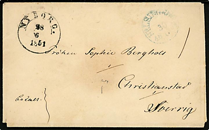 1851. Francobrev påskrevet Betalt med 1½-ringsstempel Nyborg. d. 28.6.1851 via Helsingborg d. 30.6.1851 til Christianstad, Sverige.