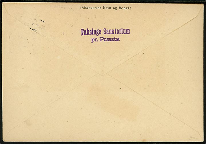 15 øre og 35 øre (2) Chr. X på adressebrev for pakke fra Faksinge Sanatorium stemplet Præstø d. 2.6.1918 til Overlæge Schäffer, Klitten Gl. Skagen pr. Højen St.