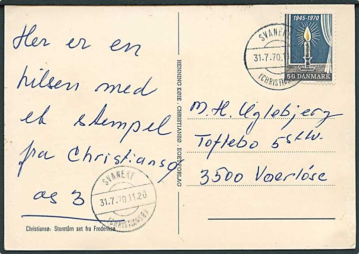 50 øre Befrielsen 25 år på brevkort annulleret med parentes stempel Svaneke (Christiansø) d. 31.7.1970 til Værløse.