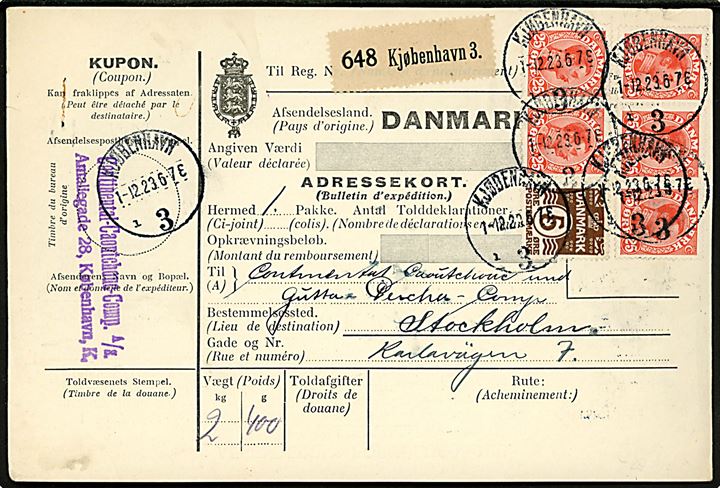 5 øre Bølgelinie og 25 øre Chr. X (5) på 130 øre frankeret internationalt adressekort for pakke fra Kjøbenhavn 3 d. 1.12.1923 til Stockholm, Sverige.