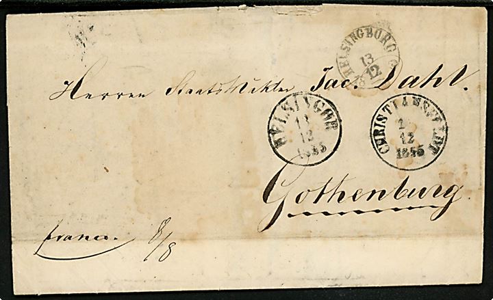 1855. Ufrankeret francobrev mærket Franco med antiqua Christiansfeldt d. 11.12.1855 via Helsingør d. 13.12.1855 og Helsingborg d. 13.12.1855 til Göteborg, Sverige.