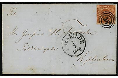 4 sk. 1858 udg. på brev annulleret med nr.stempel 58 og sidestemplet antiqua Roeskilde d. 1.2.1860 til Kjøbenhavn.