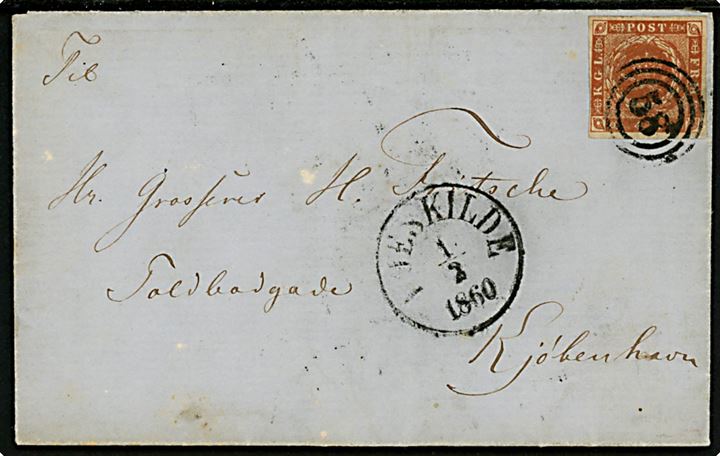 4 sk. 1858 udg. på brev annulleret med nr.stempel 58 og sidestemplet antiqua Roeskilde d. 1.2.1860 til Kjøbenhavn.