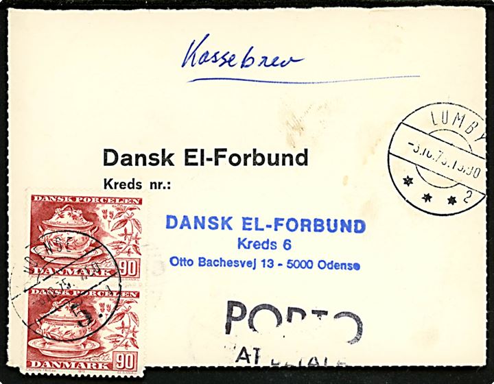 Ufrankeret brevkort mærket kassebrev med brotype IId Lumby sn2 d. 5.10.1975 til Odense. Udtakseret i porto med 90 Dansk Porcelæn i parstykke annulleret med brotype Vd Odense 5 sn1 d. 6.10.1975 og sidestemplet Porto at betale.