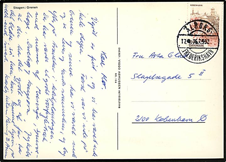 80 øre Landsdels udg. på brevkort (Skagen gren med fyrtårn) annulleret med bureaustempel Ålborg - Frederikshavn T.992 d. 17.4.1976 til København.