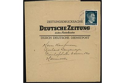Tysk 4 pfg. Hindenburg på Zeitungsdrucksache for Deutsche Zeitung in den Niederlanden mærket Durch deutsche Dienstpost og annulleret med violet bureaustempel Amsterdam - Bentheim Bahnpost ca. 1941 til Hannover, Tyskland.