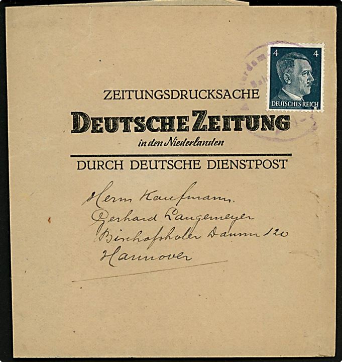 Tysk 4 pfg. Hindenburg på Zeitungsdrucksache for Deutsche Zeitung in den Niederlanden mærket Durch deutsche Dienstpost og annulleret med violet bureaustempel Amsterdam - Bentheim Bahnpost ca. 1941 til Hannover, Tyskland.