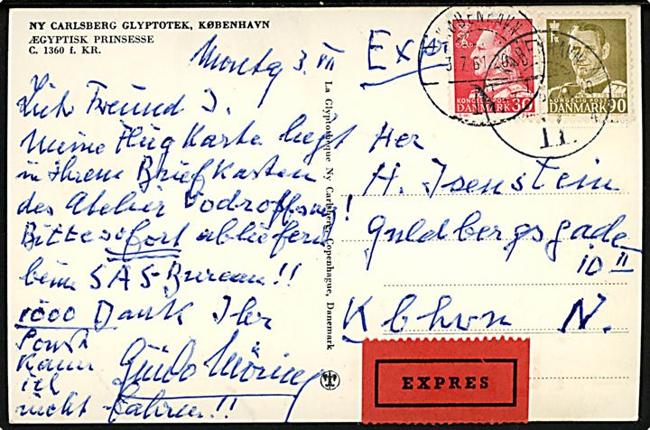 30 øre og 90 øre Fr. IX på ekspresbrevkort sendt lokalt i København d. 3.7.1961.