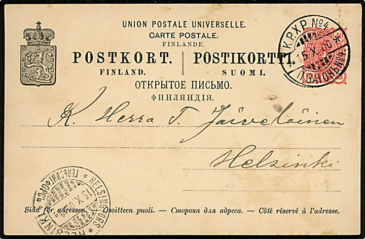 10 pen. helsagsbrevkort annulleret med 2-sproget bureaustempel K.P.XP. No. 4 (= Turku-Toijala-Helsinki) d. 15.10.1900 til Helsinki.
