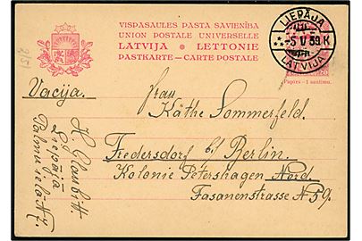 20 s. helsagsbrevkort fra Liepaja d. 5.5.1939 til Fredersdorf b. Berlin, Tyskland.